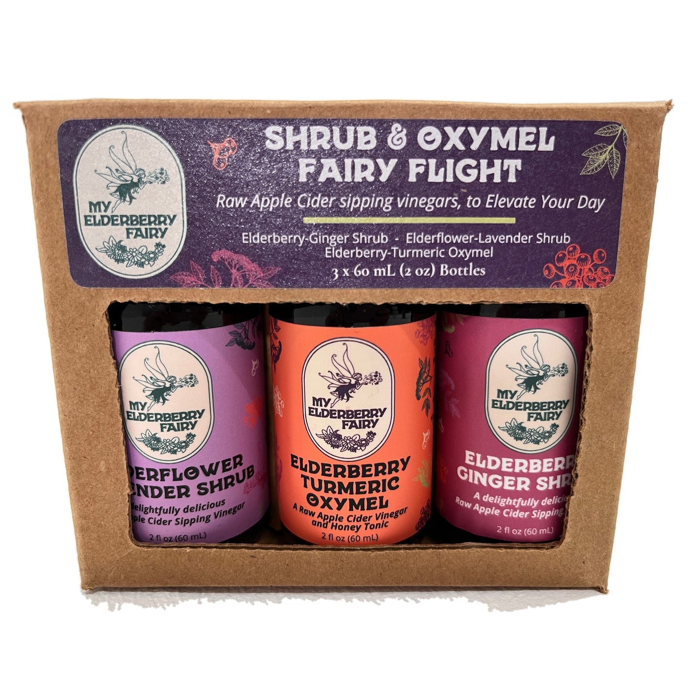 Shrub and Oxymel Fairy Flight - 2oz. Trio Set - Elderflower Lavender, Elderberry Ginger, Elderberry Turmeric Oxymel