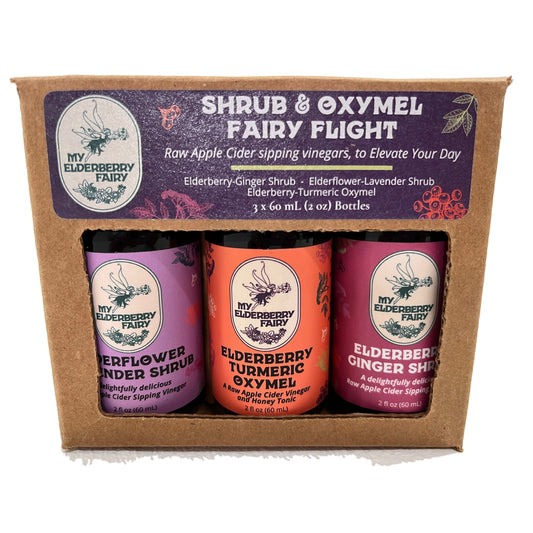 Shrub and Oxymel Fairy Flight - 2oz. Trio Set - Elderflower Lavender, Elderberry Ginger, Elderberry Turmeric Oxymel