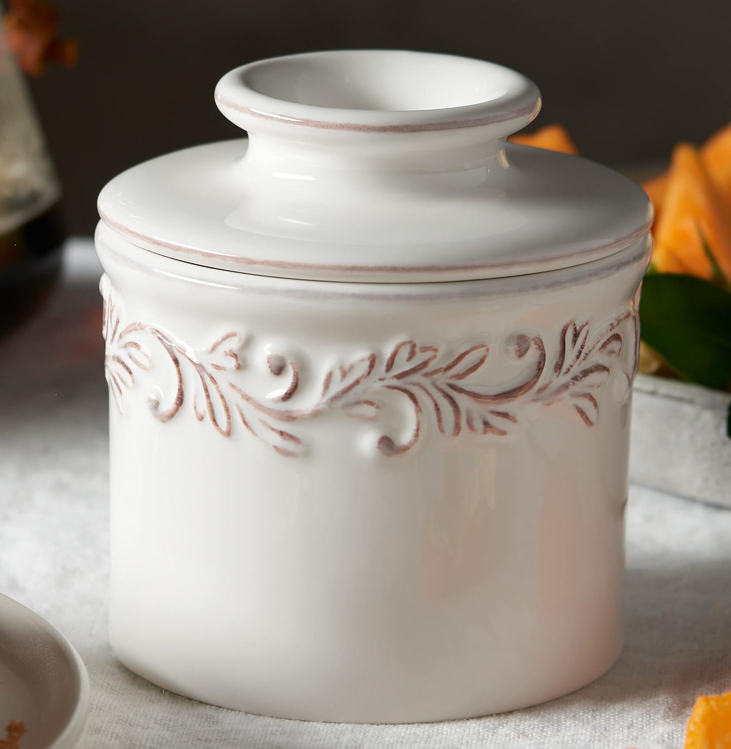 Butter Bell Crock White Linen Antique