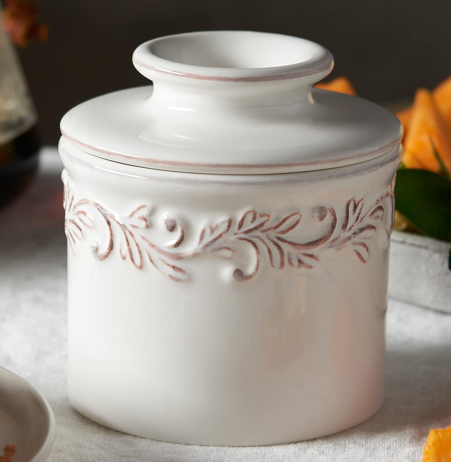 Butter Bell Crock White Linen Antique