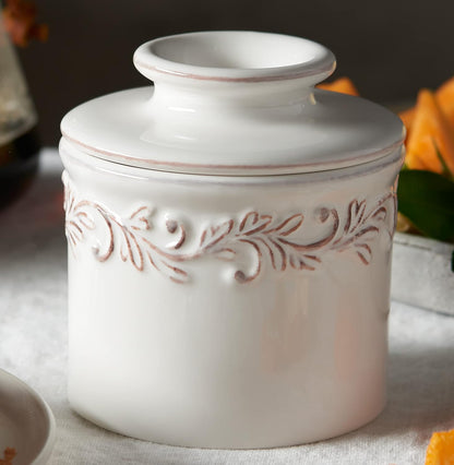 Butter Bell Crock White Linen Antique