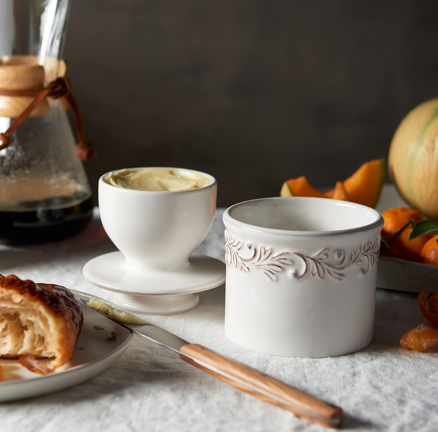 Butter Bell Crock White Linen Antique