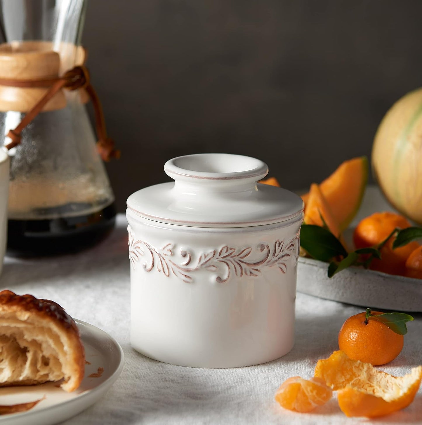 Butter Bell Crock White Linen Antique