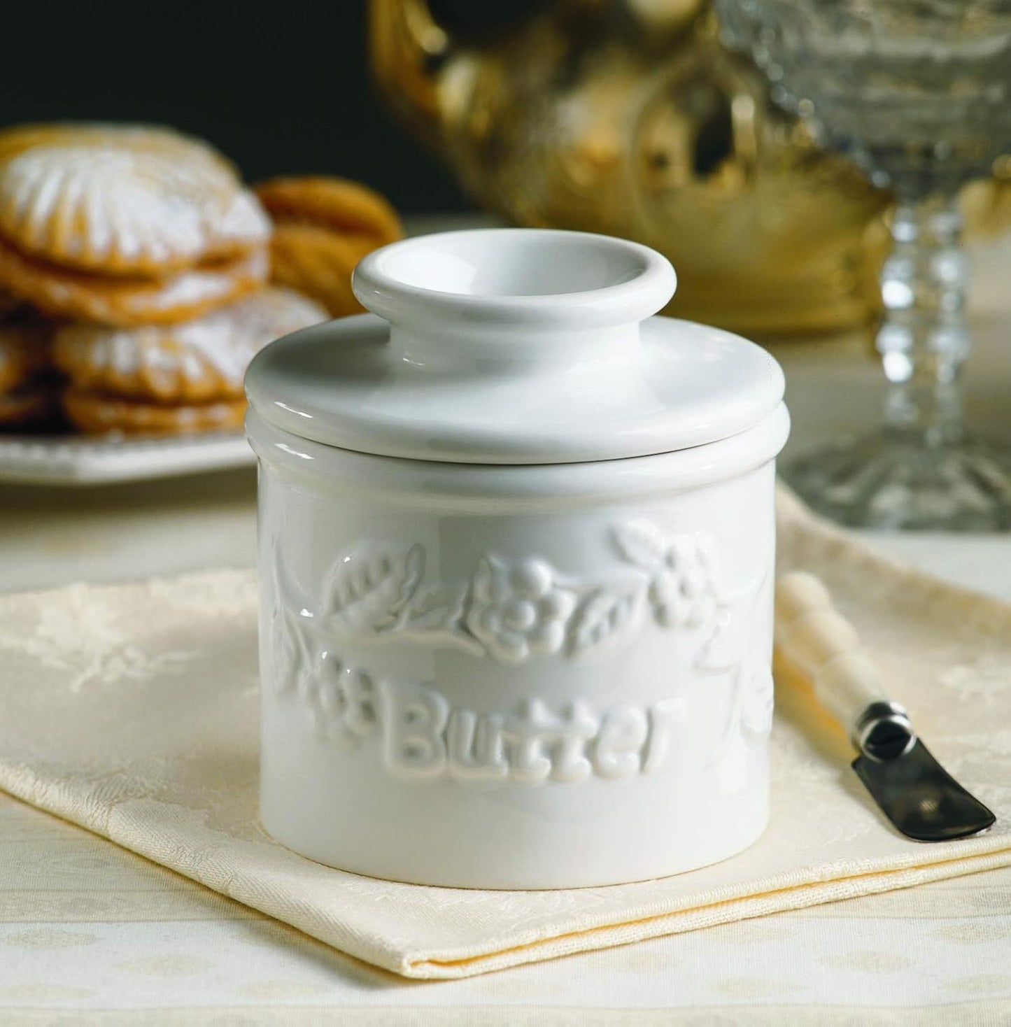 Butter Bell Crock White Raised Floral