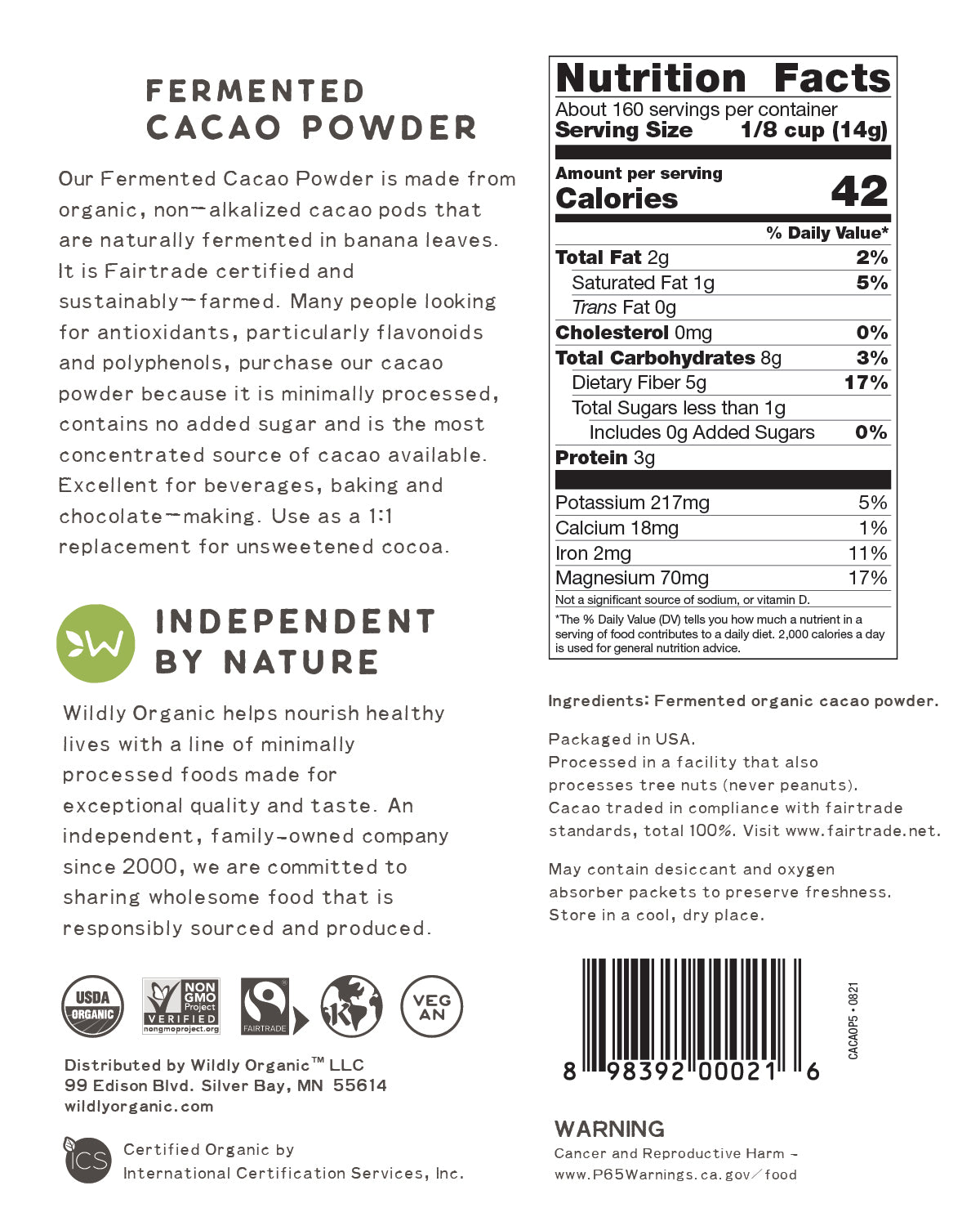 Fermented Cacao Powder Organic, Raw 1 lb.
