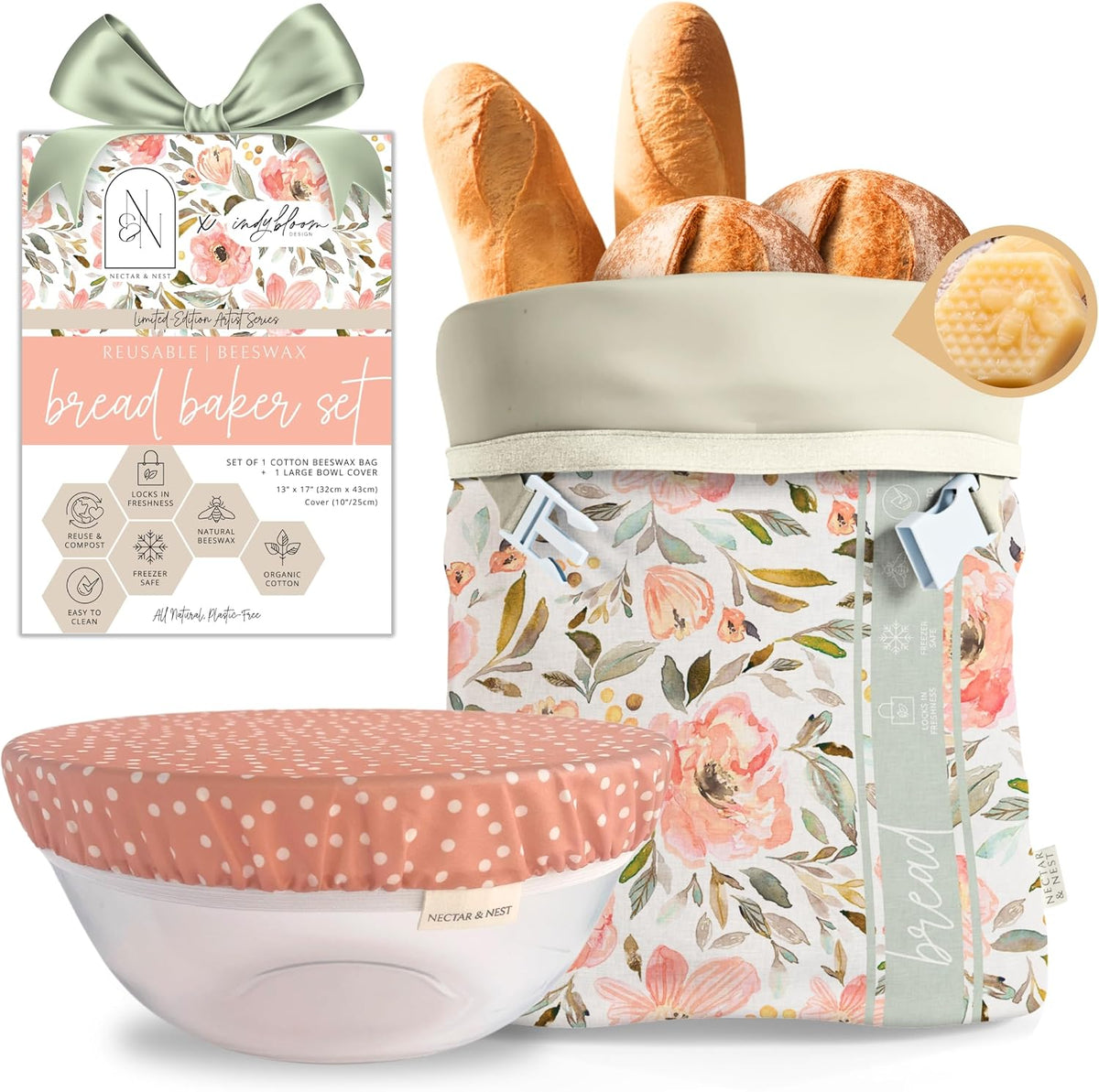 Sweetpea Garden Bread Bag - Beeswax Lined Baker Set